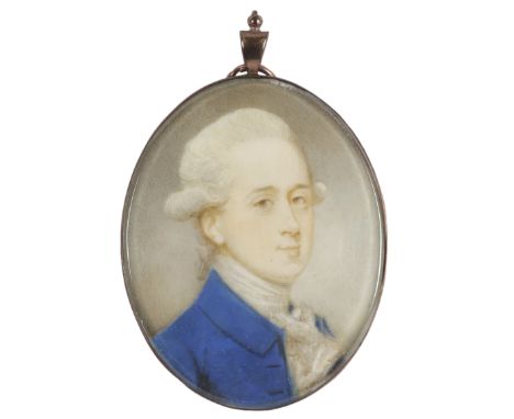 λJeremiah Meyer RA (1735-1789)Portrait miniature of a gentleman wearing a blue coat and powdered wig Oval, in a gilt metal fr