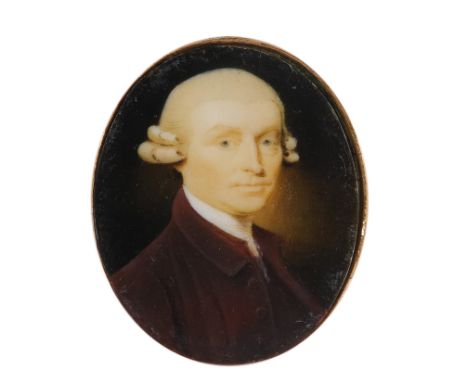 λCircle of Ozias Humphry Portrait miniature of a gentleman wearing a brown coat and powdered wig Oval, in a gilt metal frame 