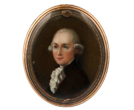 λFrench School Late 18th Century Portrait miniature of a gentleman wearing a brown coat and striped waistcoat, his powdered w