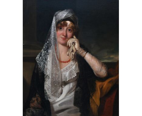 French School Early 19th Century Portrait of a lady, half-length, wearing a white dress, lace veil and shawl, and white glove