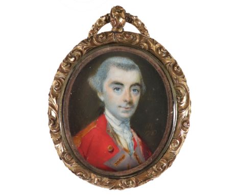 λNathaniel Hone RA (Irish 1718-1784) Portrait miniature of an officer in uniform with powdered hair Signed with initials and 