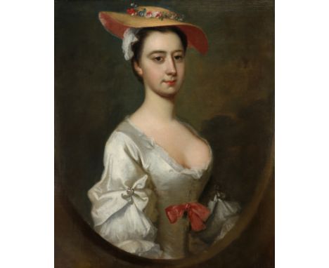 Attributed to Arthur Pond (c.1705-1758) Portrait of Lady Dixie Pickering, half-length, in a white dress and a pink straw hat,