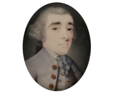 λContinental School Late 18th Century Portrait miniature of a gentleman wearing a lilac coat and waistcoat, his powdered hair