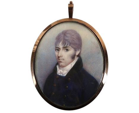 λEnglish School c.1800 Portrait miniature of a gentleman wearing a blue double-breasted coat Oval, in a gilt metal frame 72 x