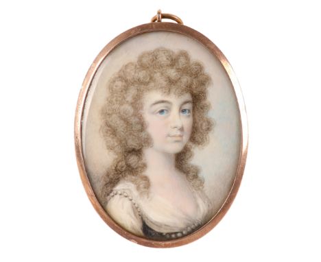 λEnglish School Late 18th Century Portrait miniature of a lady wearing a white dress with pearl decoration Oval, in a gilt me