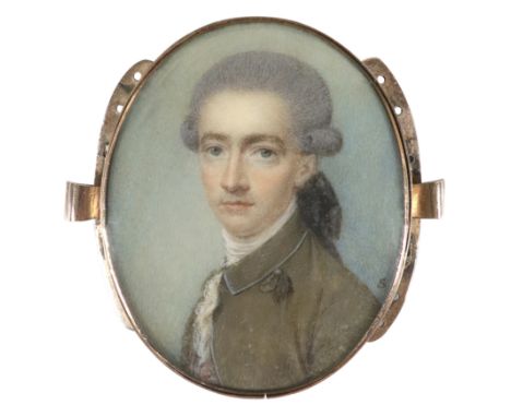 λWilliam Singleton (d.1793) Portrait miniature of a gentleman wearing an olive-green coat and with powdered hair en queue Sig