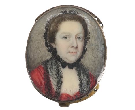 λJames Reily (Irish d.1780/1788)Portrait miniature of a lady wearing a red dress and black lace shawl Signed with initials JR