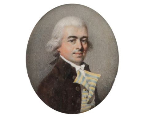 λHenry Edridge ARA (1768-1821) Portrait miniature of a gentleman wearing a brown coat, striped waistcoat and powdered hair en