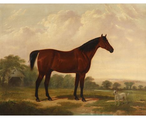 English School 1819 Portrait of a bay hunter and a dog in a landscape Indistinctly signed and dated Br***/1819 (lower left) O