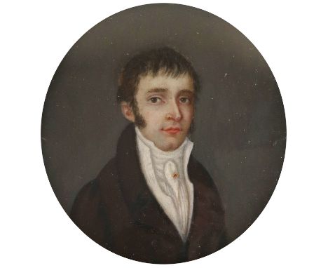 λFrench School c.1800 Portrait miniature of a gentleman wearing a brown coat, white waistcoat and gold stickpin Circular, in 