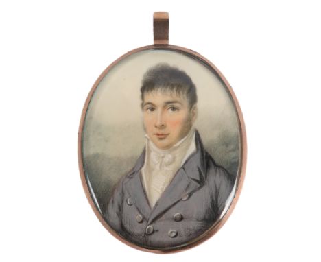 λEnglish School c.1800 Portrait miniature of a gentleman wearing a grey coat and white waistcoat Oval, in a gold frame, the r