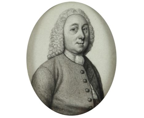 Manner of James Ferguson Portrait miniature of a gentleman wearing a coat and wig Plumbago on paper, oval, in an ebonised woo