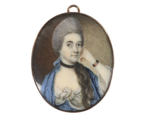 λCircle of Nathaniel Hone Portrait miniature of a lady wearing a blue dress and with powdered hair Oval, in a gilt metal fram