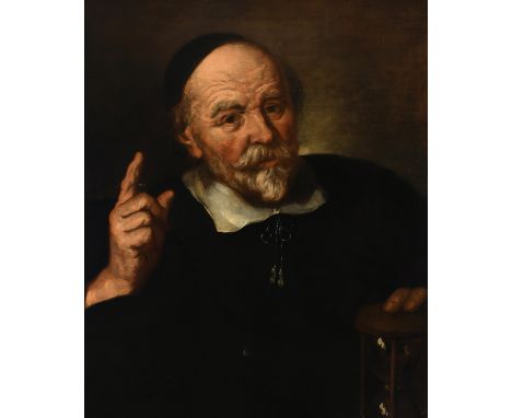 Dutch School 1650 Portrait of a gentleman, wearing a black tunic and skull cap, holding an hourglass Signed with initials, da