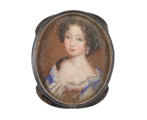 Attributed to Susan Penelope Rosse (1652–1700)Portrait miniature of a lady wearing a blue dress and pearl earring Oval, on ve