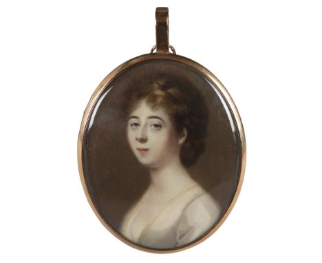 λAbraham Daniel (c.1750-1806)Portrait miniature of a lady wearing a white dress Oval, in a gilt metal frame 78 x 63mm Provena