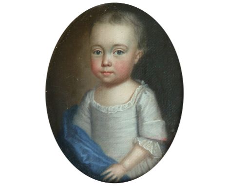 English School 18th Century Portrait miniature of a child wearing a white dress and blue cloak Oil on canvas laid on panel, o
