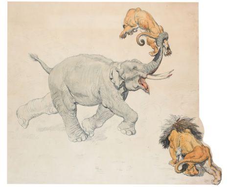 Ernest Griset (French 1844-1907) An elephant and two lions fighting Coloured lithograph 50.8 x 59.7cm; 20 x 23½in