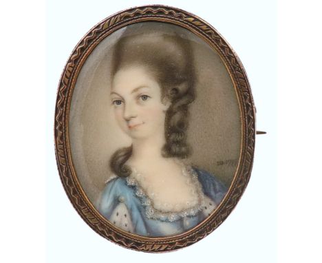 λEnglish School 1777 Portrait miniature of a lady wearing a blue dress and with powdered hair Signed with initials and dated 