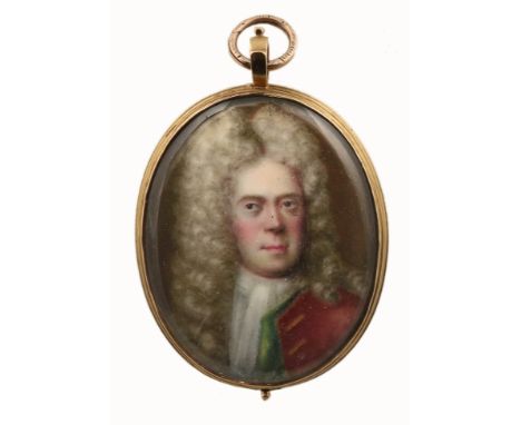 Attributed to Charles Boit (Swedish 1662-1727)Portrait miniature of a gentleman wearing a red coat, green waistcoat and long 