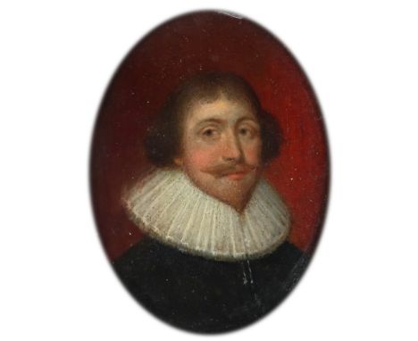 λEnglish School 17th Century Portrait miniature of a gentleman wearing a black doublet and white ruff On copper, oval, in an 