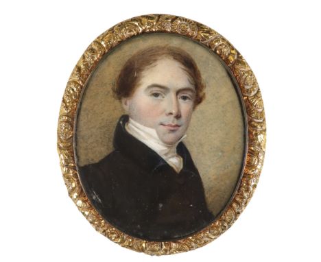 λThomas Hargreaves (1775-1846)Portrait miniature of a gentleman wearing a black coat and yellow waistcoat Oval, in a gilt met