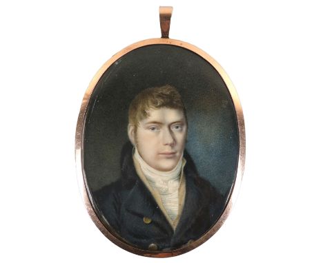 λEnglish School c.1800 Portrait miniature of a gentleman wearing a black coat and yellow waistcoat Oval, in a gilt metal fram