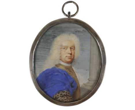 French School c.1700 Portrait miniature of a nobleman wearing armour, with a blue and leopard skin cloak On vellum, oval, in 