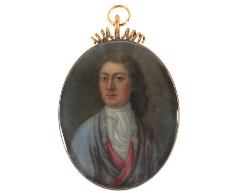 English School c.1680 Portrait miniature of a gentleman wearing a blue and red cloak On vellum, oval, in a gilt metal frame 8