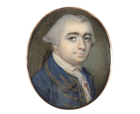 λThomas Day (c.1730-1807) Portrait miniature of a gentleman wearing a blue coat with gold braid Oval, in a gilt metal brooch 