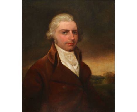 English School Late 18th Century Portrait of a gentleman, half-length in a landscape, wearing a brown coat Oil on canvas 76 x