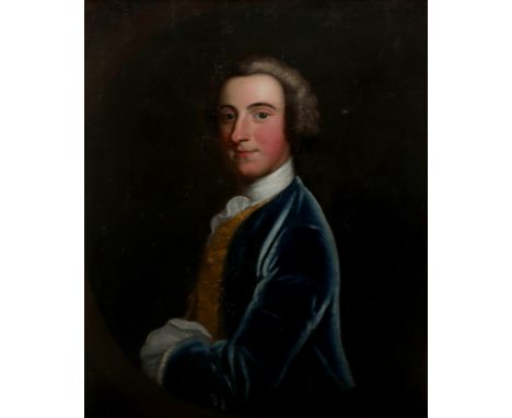 Arthur Pond (c.1705-1758) Portrait of a gentleman wearing a blue coat and yellow waistcoat, in a painted oval Oil on canvas 7