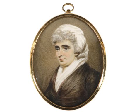 λHenry Edridge ARA (1768-1821)Portrait miniature of an elderly lady wearing a black dress and white headscarf Oval, in a gilt