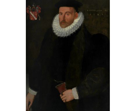 John Bettes the Younger (c.1530-1616) Portrait of Richard Waugh, aged 56, wearing a fur lined coat, ruff and black cap Signed