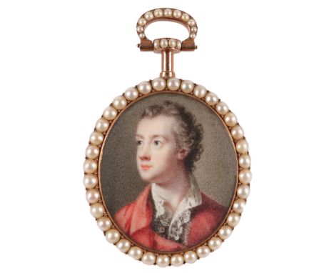 λFollower of Ozias Humphry Portrait miniature of a gentleman wearing a red coat Oval, in a gilt metal frame with split pearl 