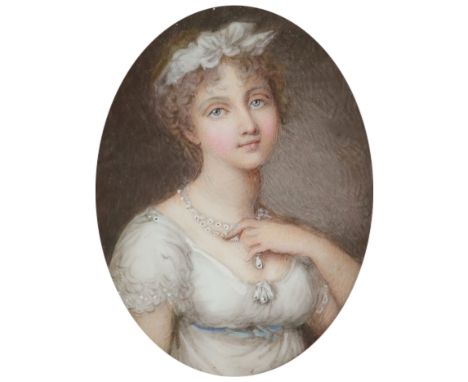 λEnglish School c.1800 Portrait miniature of a lady wearing a white dress and pearl necklace Oval, in a rectangular wooden fr
