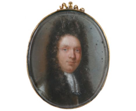 English School Late 17th Century Portrait miniature of a gentleman wearing armour and a long wig On copper, oval, in a gilt m