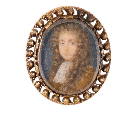 Susan Penelope Rosse (1652–1700)Portrait miniature of a gentleman wearing a brown cloak and long wig Oval, on vellum, in a gi