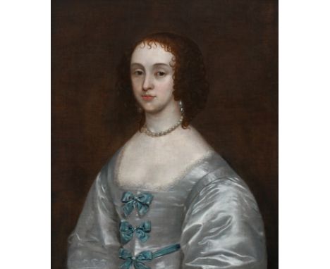 Circle of Theodore Roussel Portrait of a lady, possibly a member of the Godolphin family, wearing a white satin dress with bl