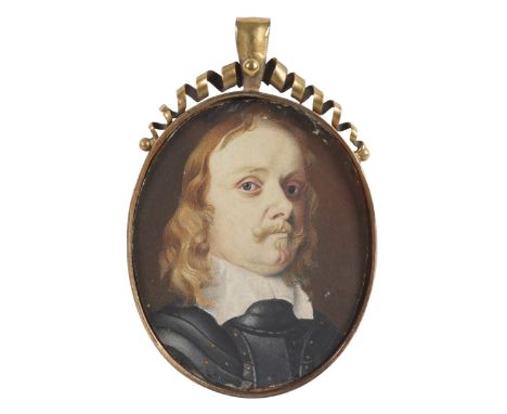 English School 17th Century Portrait miniature of a gentleman wearing armour On vellum, oval, in a gilt metal frame 49 x 39mm