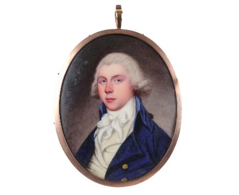 λThomas Peat (act.1791-1811) Portrait miniature of a gentleman wearing a blue coat and white waistcoat, with powdered hair Si
