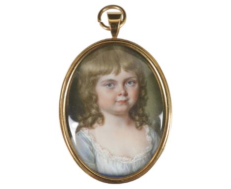 λJames Scouler (1741-1812)Portrait miniature of a young girl, later Mrs Montague, wearing a blue dress and with ringlets in h