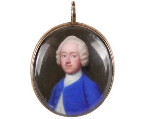 Jean André Rouquet (Swiss 1701-1758) Portrait miniature of a gentleman wearing a blue coat and white waistcoat Enamel on copp