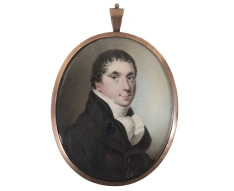 λAttributed to Alexander Gallaway (Scottish act. 1794-1812) Portrait miniature of a gentleman wearing a black coat and white 