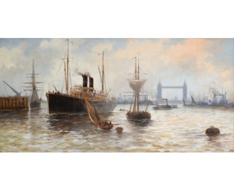 Edward Henry Eugene Fletcher (1857-1945) Shipping in the Pool of London, with Tower Bridge and St Paul's beyond Signed E. Fle