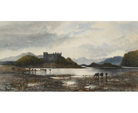Kate Macaulay RSW (act. 1872-1884) Scottish landscape with a castle by a loch and cattle watering Signed K. Macaulay (lower l