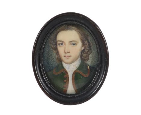 λWilliam Smith (act. c.1754)Portrait miniature of J. Robinson, wearing a gold trimmed green jacketSigned and inscribed W Smit