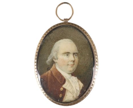 λCircle of Patrick McMorland Portrait miniature of a gentleman wearing a brown coat, with powdered hair en queue Oval, in a g