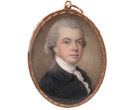 λCircle of John Smart Portrait miniature of a gentleman wearing a black coat and with powdered hair Oval, in a gilt metal fra