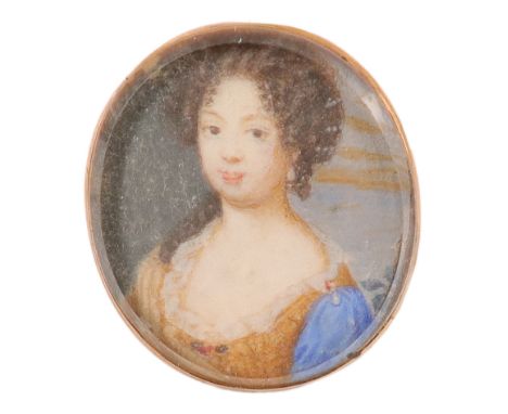 Susan Penelope Rosse (1652–1700)Portrait miniature of a lady wearing a blue and ochre dress, and a pearl earring On vellum, o